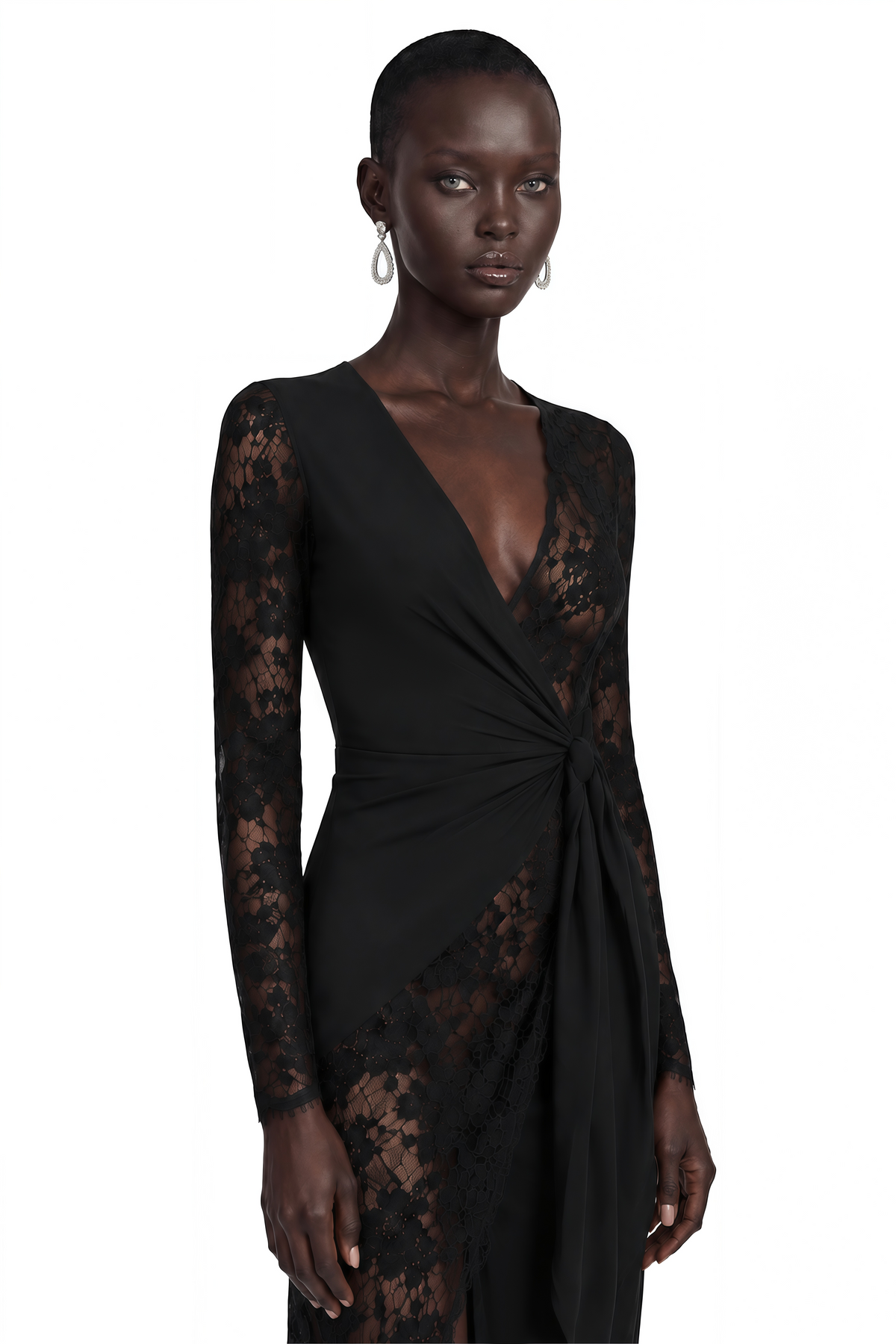 Klarity Black Lace V-Neck Long Sleeve Slit Midi Dress