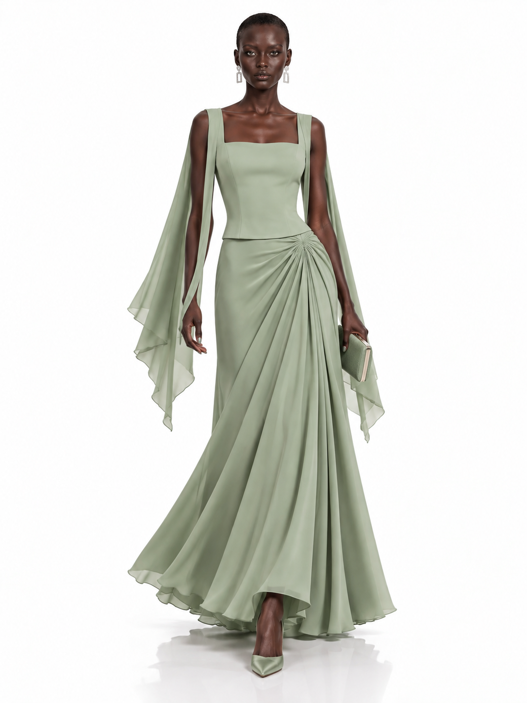 Sage Green Satin Draped Maxi Dress
