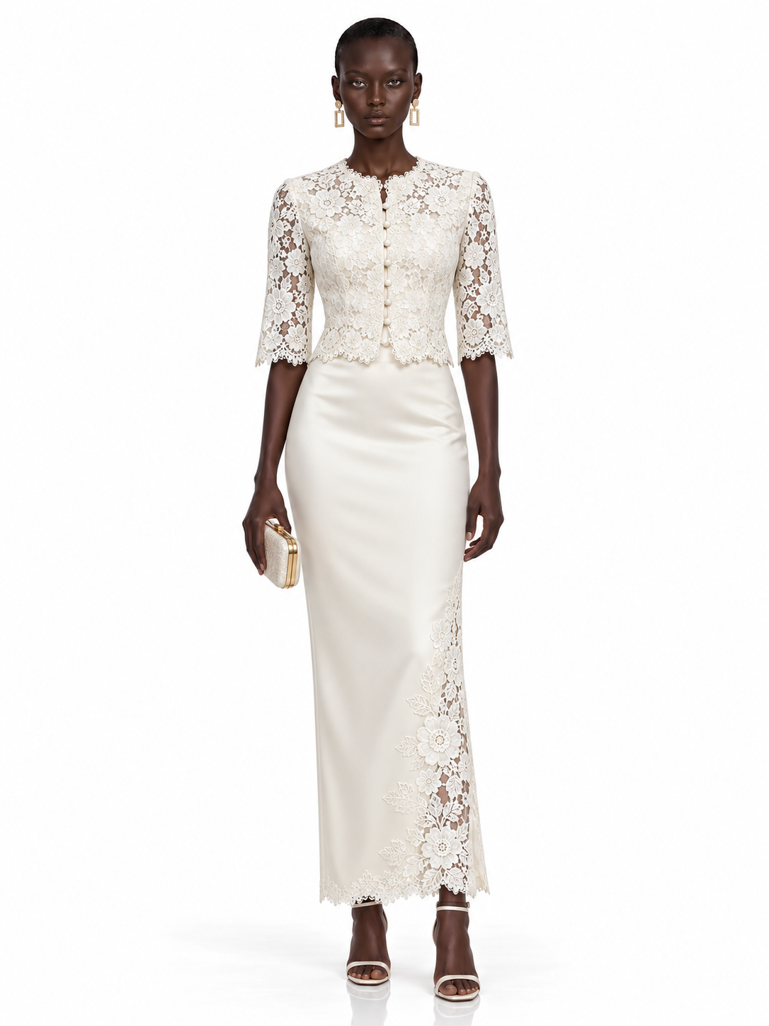 Cream Lace Button Front Midi Dress