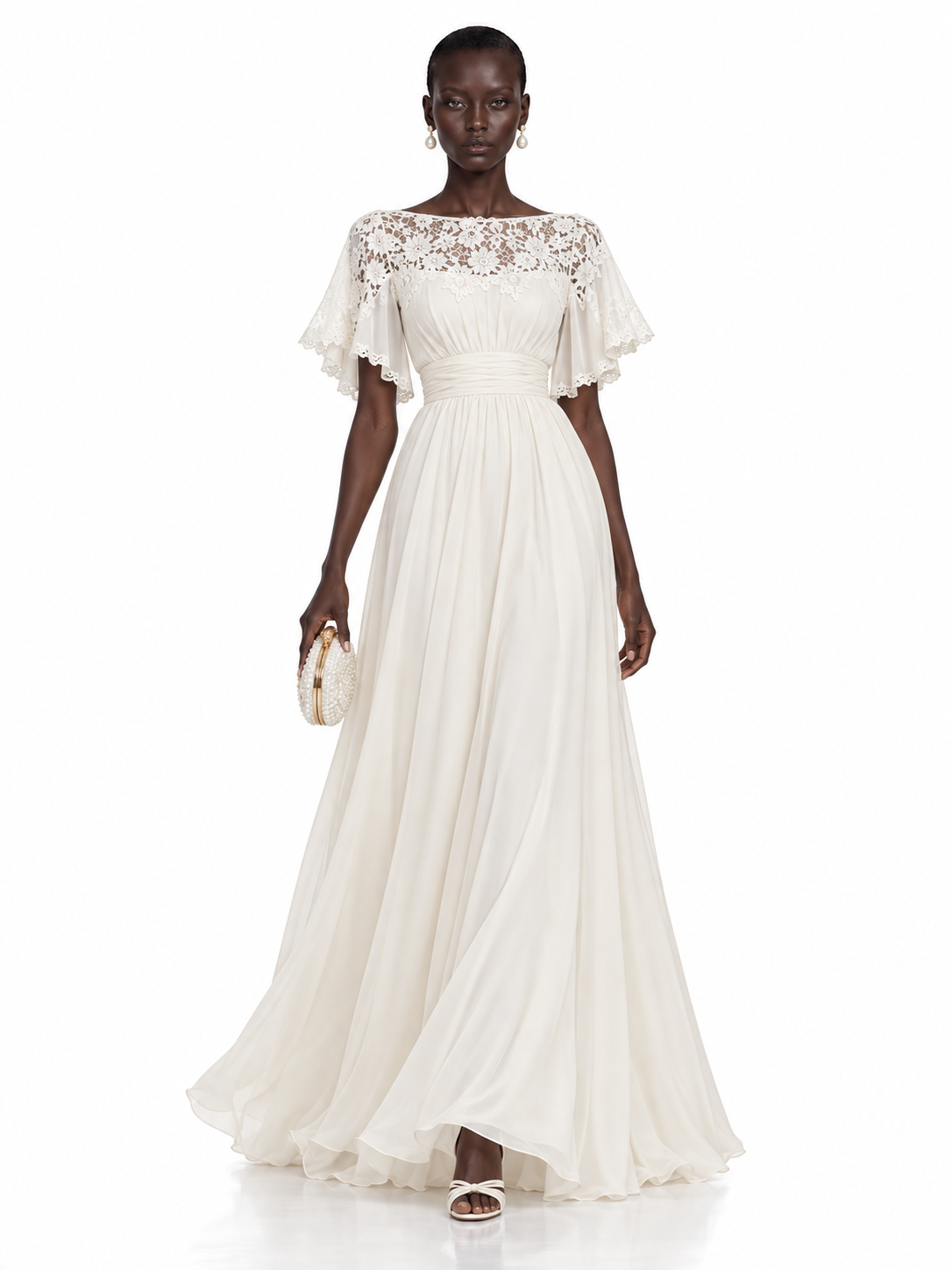 Cream Lace Cape Sleeve Maxi Dress