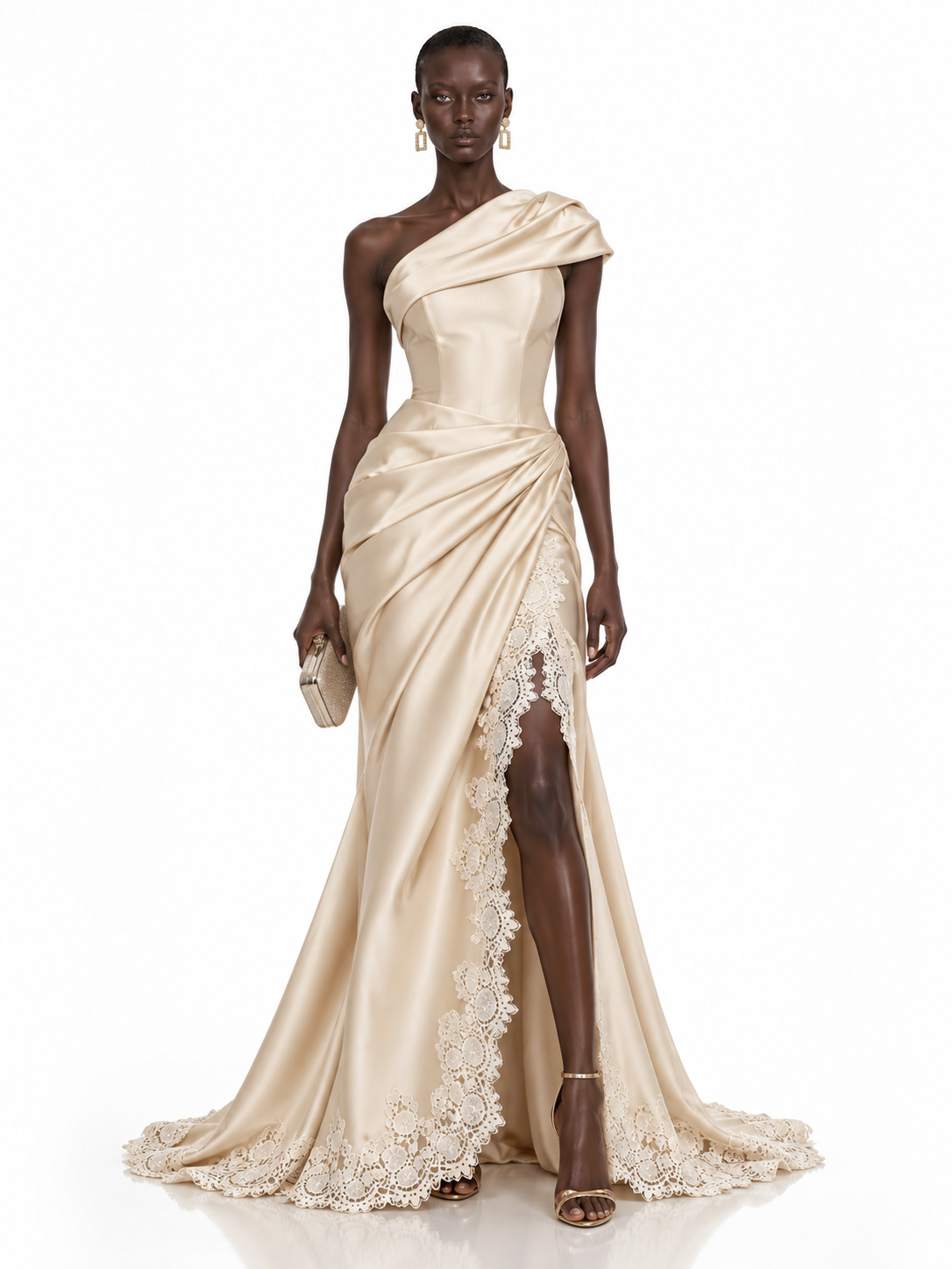 Champagne Satin One Shoulder Lace Trim Maxi Dress