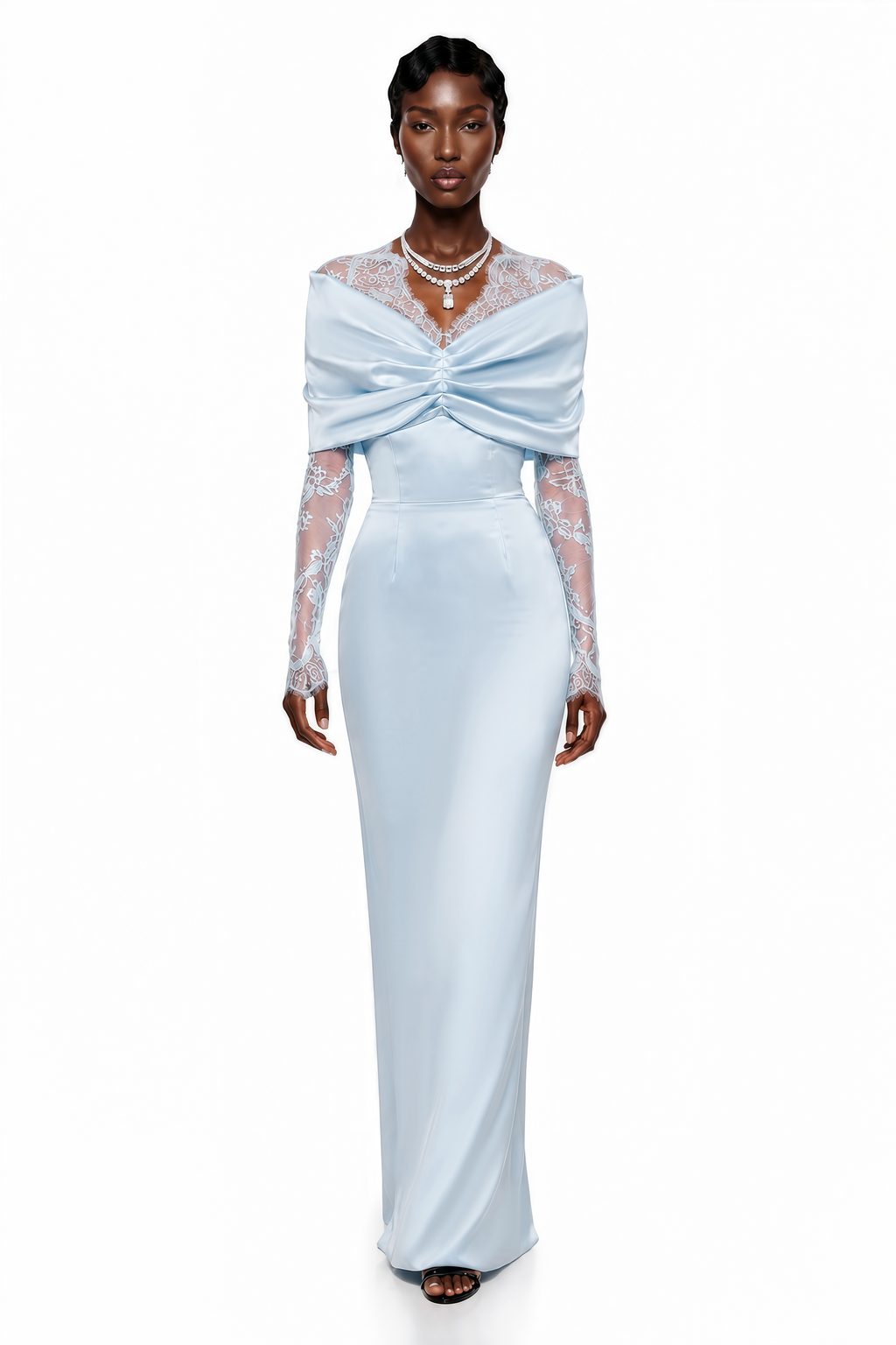 Lavinia Blue Bodycon Maxi Dress with Lace Panels