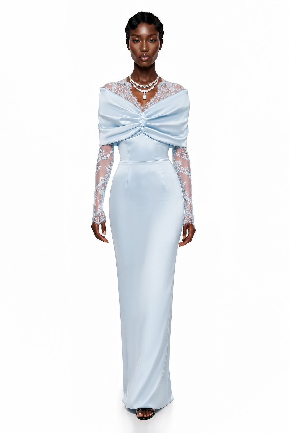 Lavinia Blue Bodycon Maxi Dress with Lace Panels