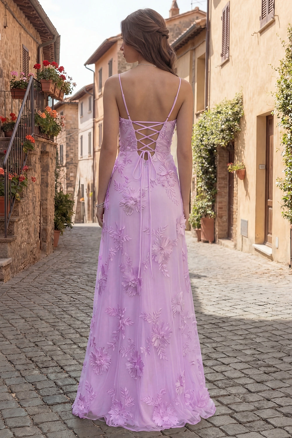 Yellow Spaghetti Straps Long A Line Floral Appliqued Prom Dress