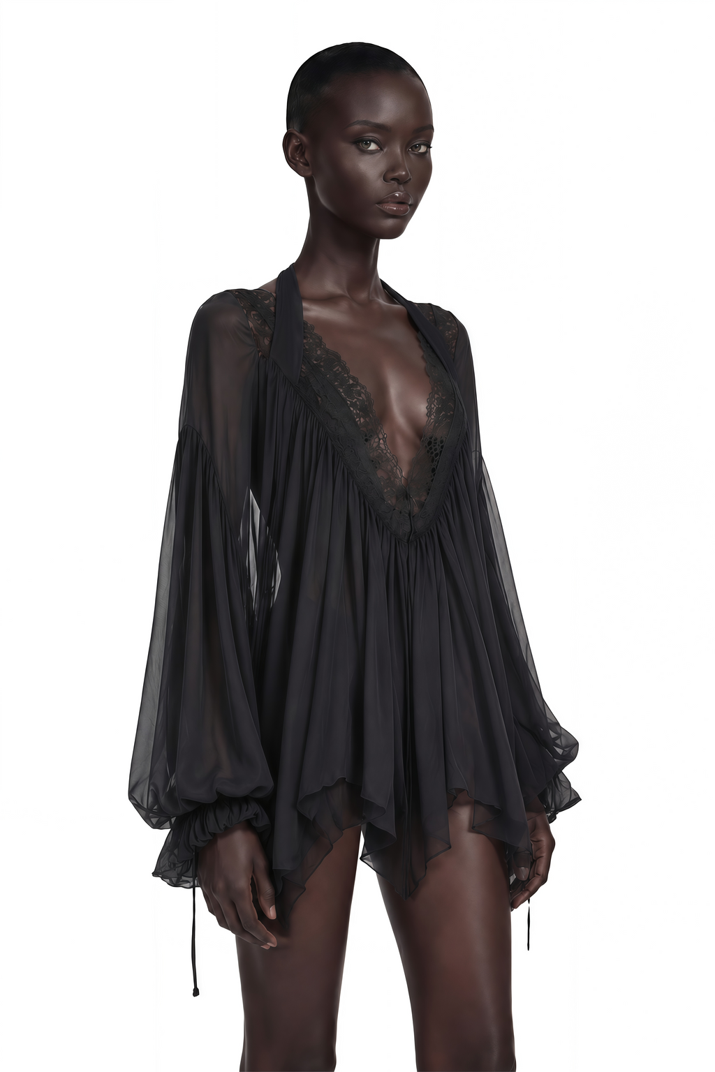 Lilou Black Plunge Neck Lace Mini Dress