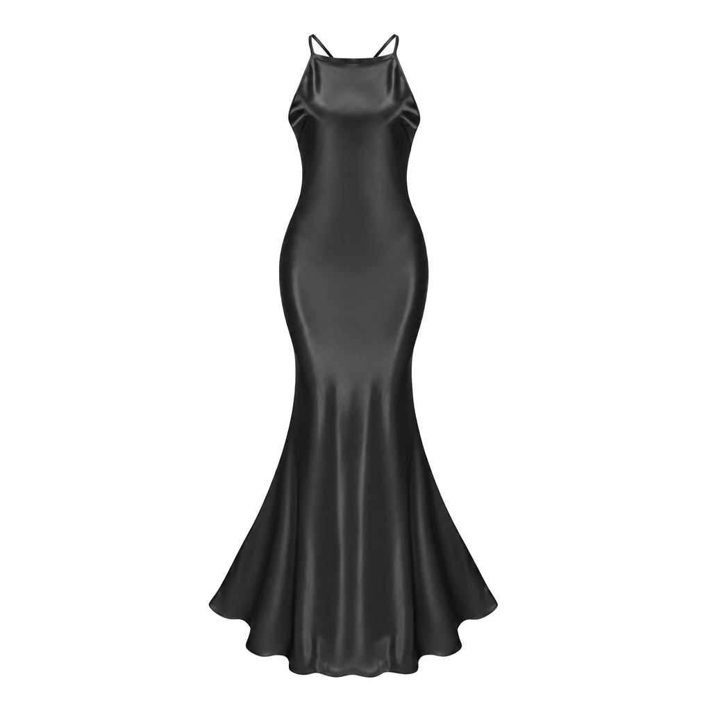 Loviatar Black Backless Satin Maxi Dress