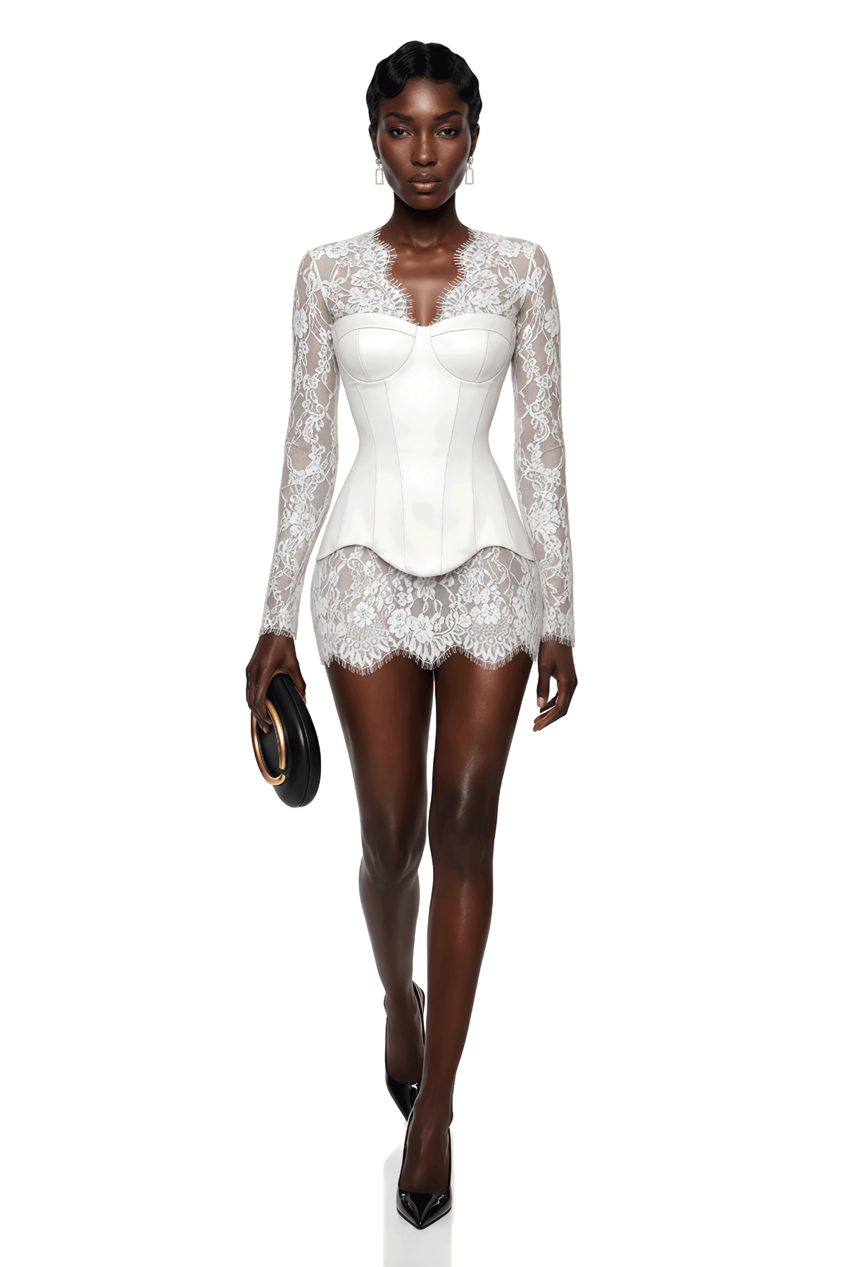Luciana White Plunge Neck Mini Dress with Lace Panel
