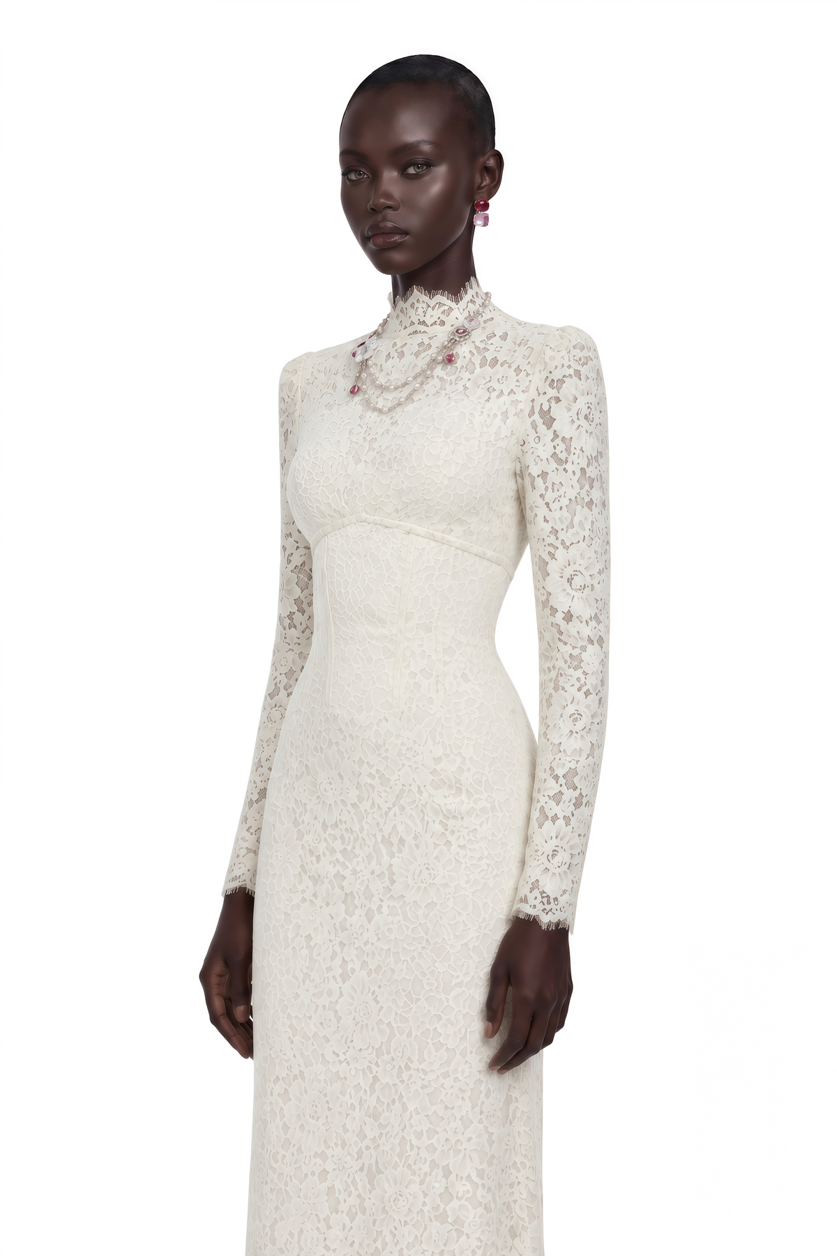 Maggie Ivory High Neck Floral Lace Maxi Dress