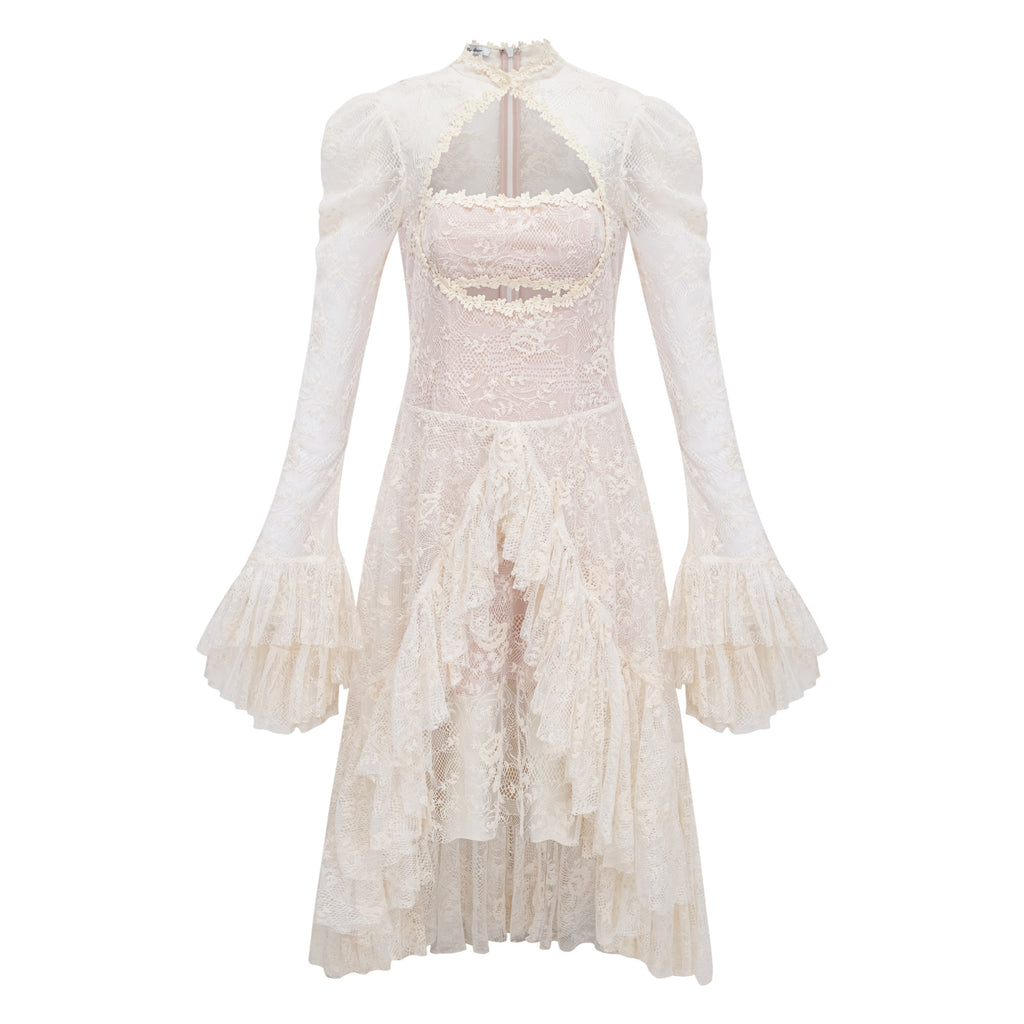 Mariella Ivory Asymmetrical Floral Lace Midi Dress