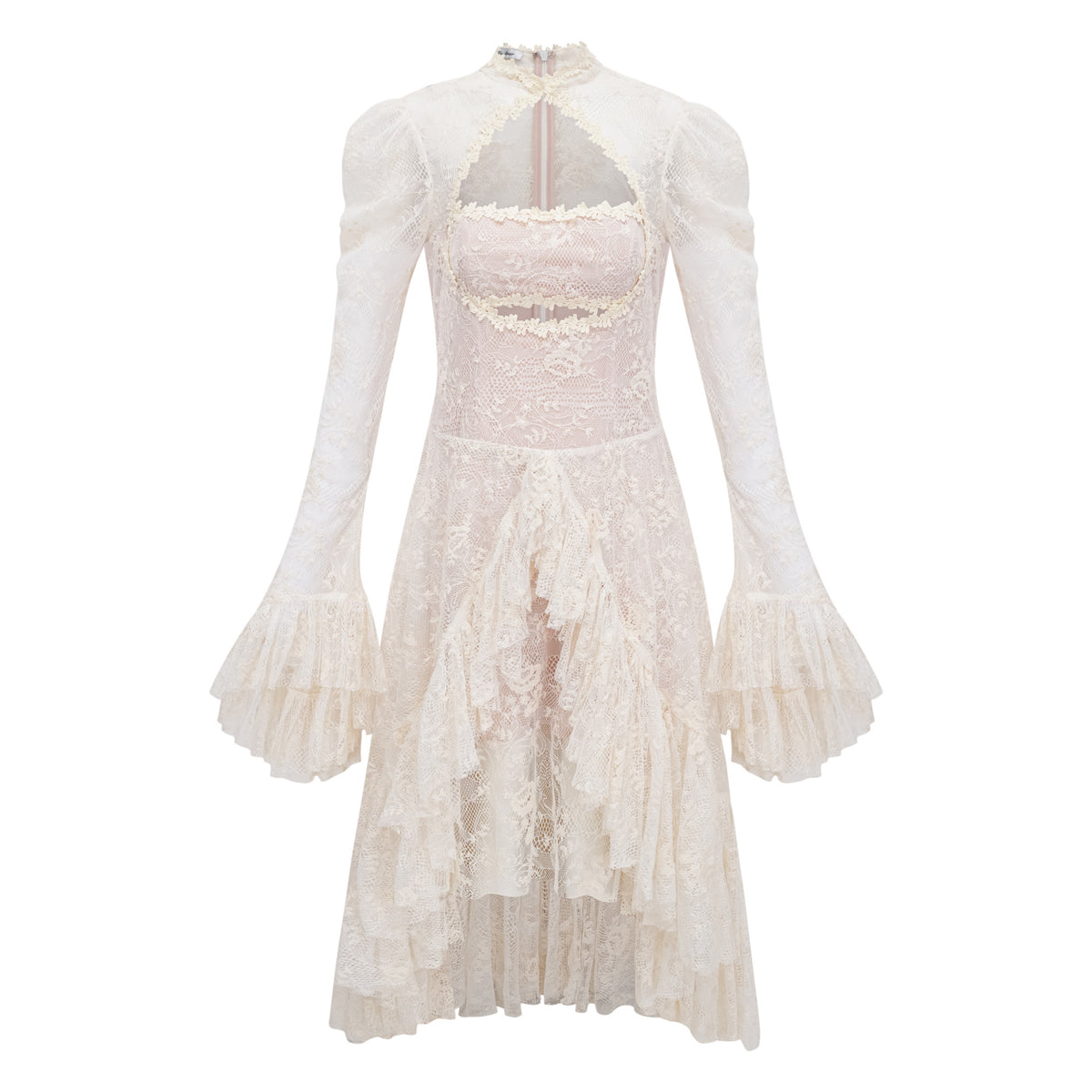 Mariella Ivory Asymmetrical Floral Lace Midi Dress