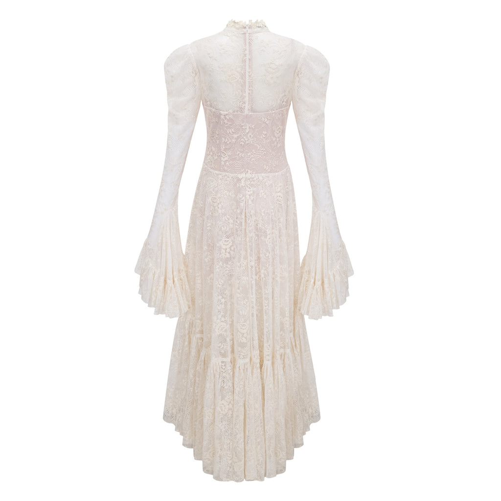 Mariella Ivory Asymmetrical Floral Lace Midi Dress