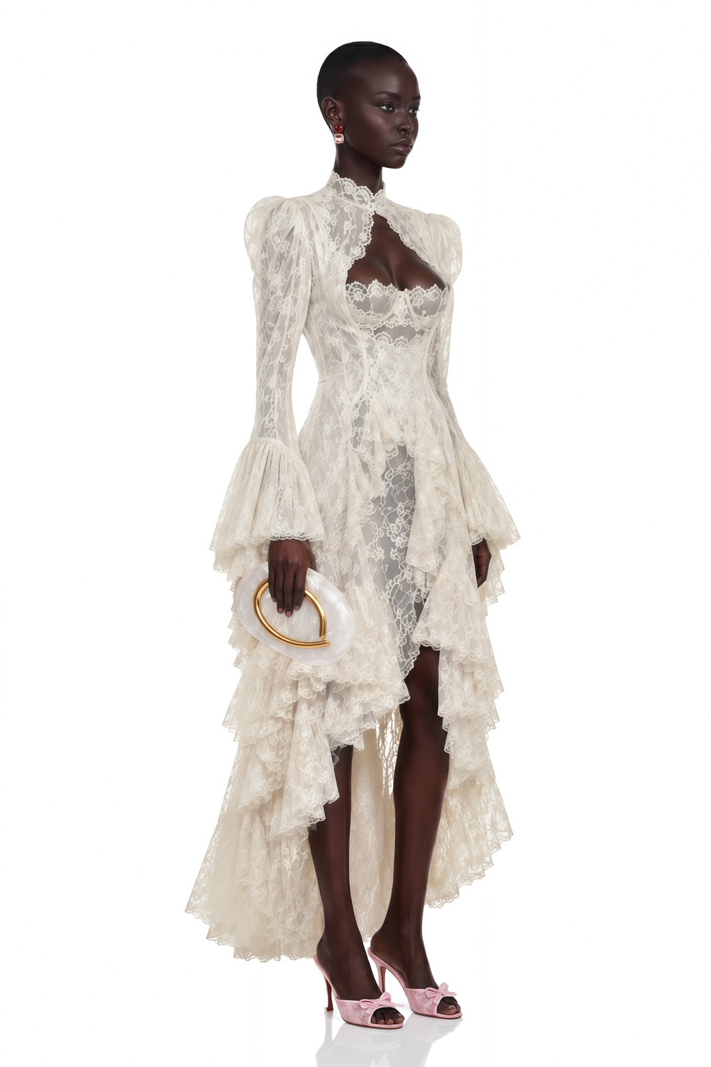 Mariella Ivory Asymmetrical Floral Lace Midi Dress