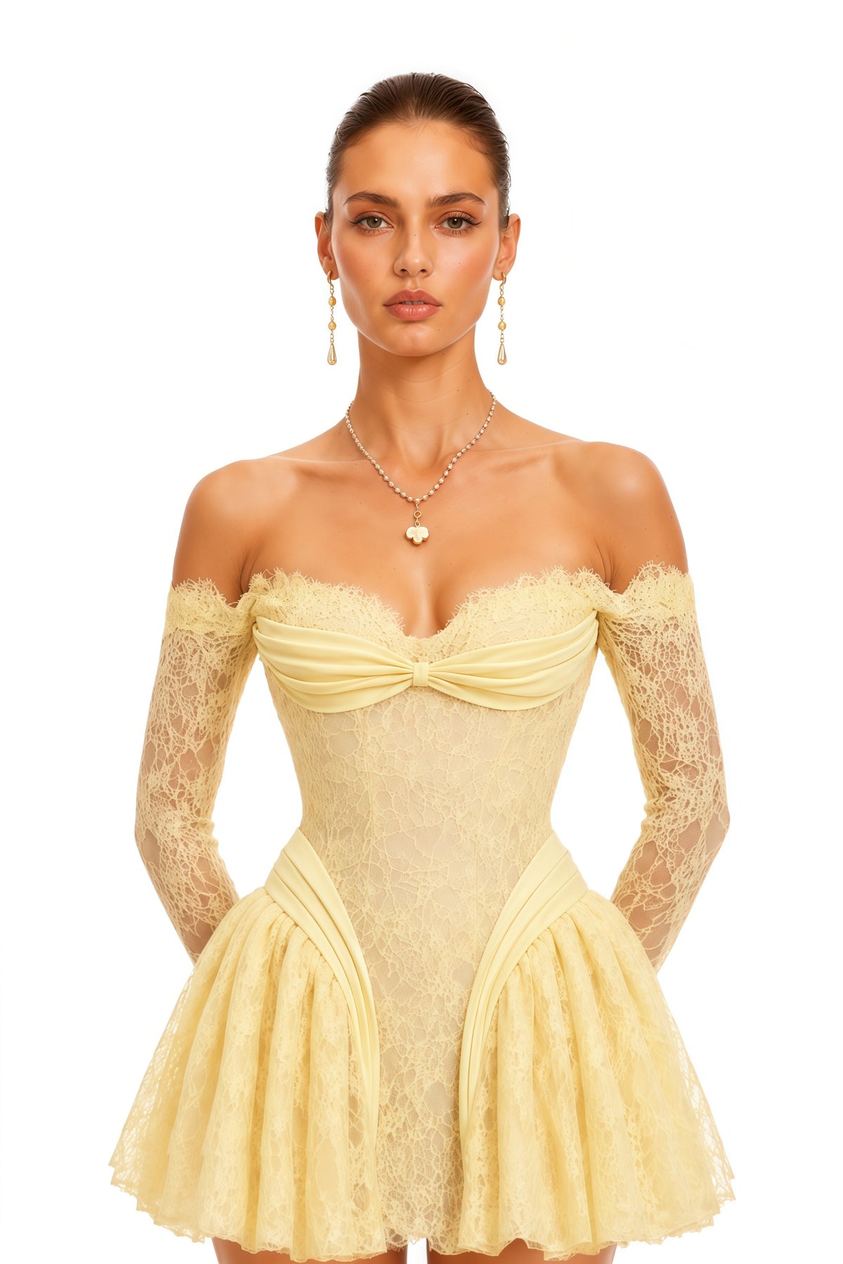 Mariveth Yellow Lace Mini Dress with Bow Detail
