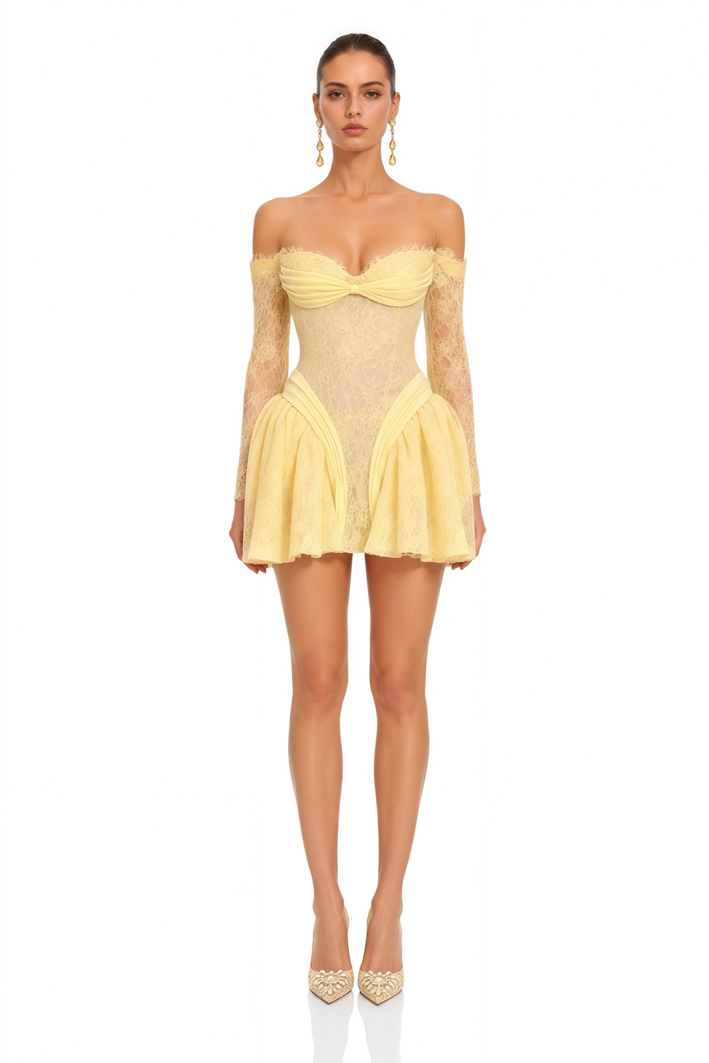 Mariveth Yellow Lace Mini Dress with Bow Detail
