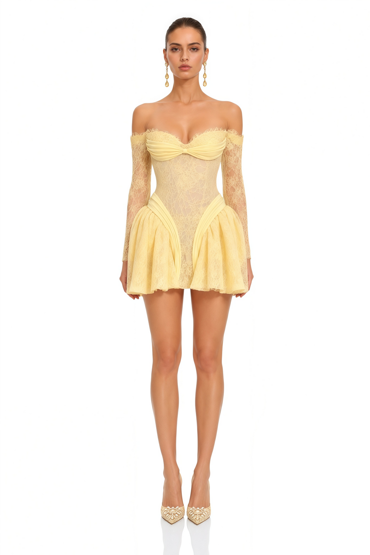 Mariveth Yellow Lace Mini Dress with Bow Detail