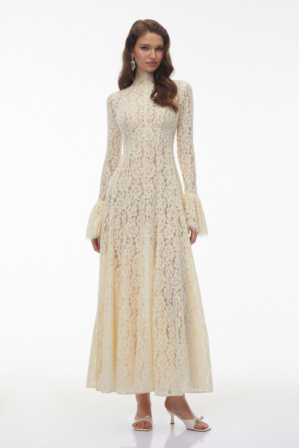 Nasrin White Mock Neck Floral Lace Maxi Dress