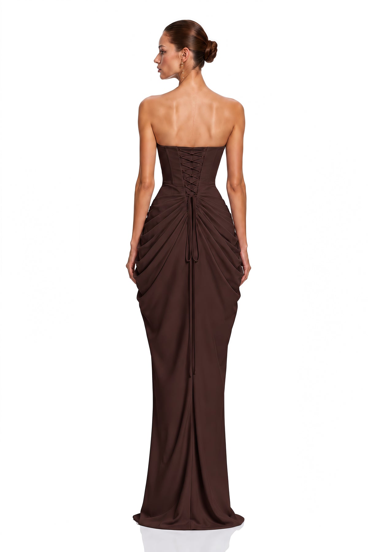 Nerissa Brown Strapless Ruched Maxi Dress