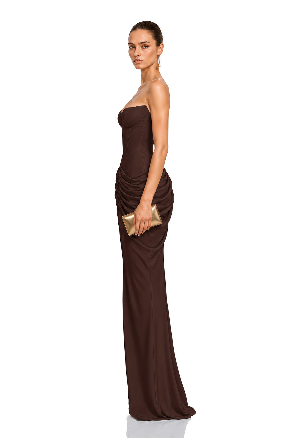 Nerissa Brown Strapless Ruched Maxi Dress