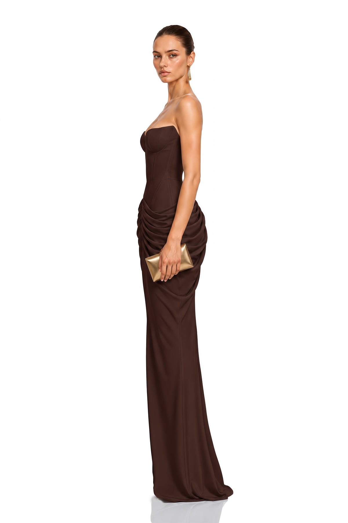 Nerissa Brown Strapless Ruched Maxi Dress