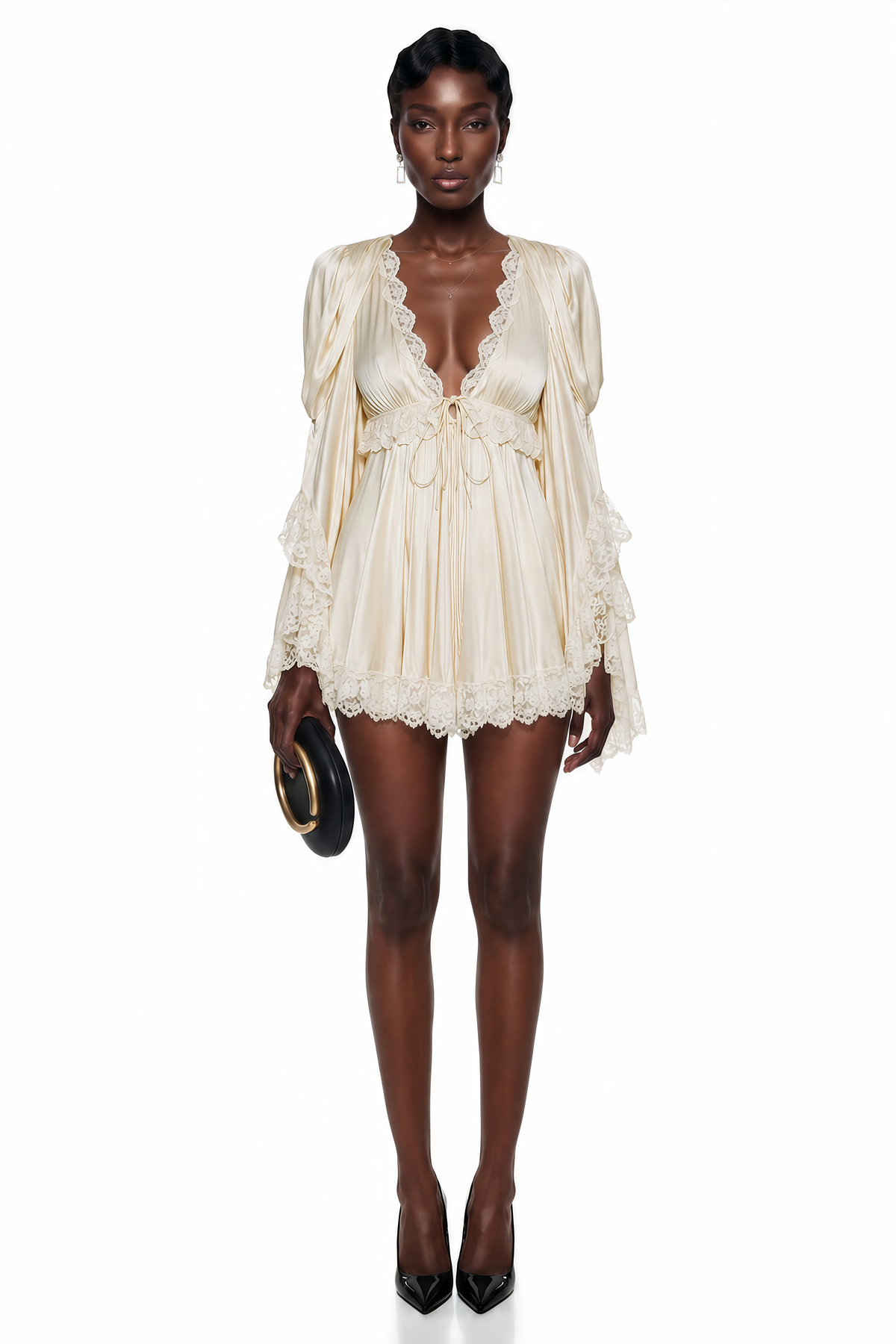 Ngawai Champagne Sweetheart Mini Dress with Lace Trim