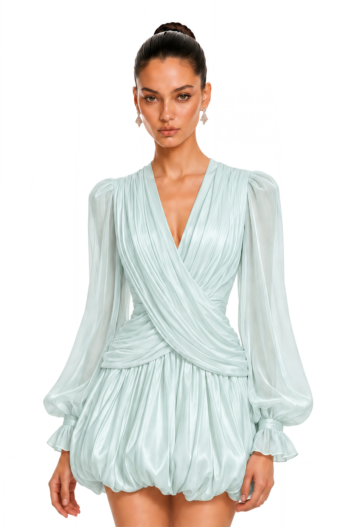 Nuria Mint Green Draped V-Neck Bubble Mini Dress