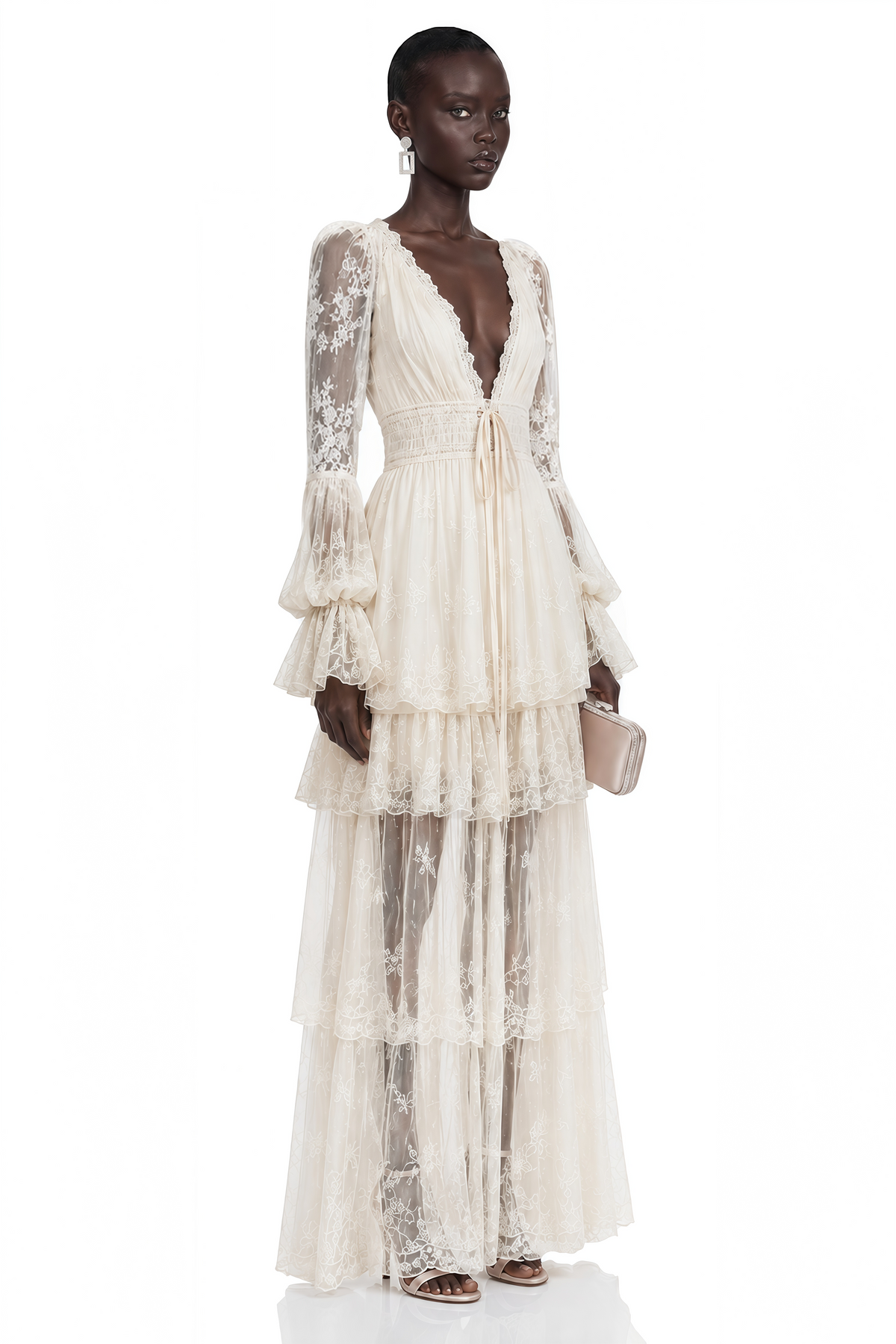Ocean Cream Lace Ruffled Maxi Dress