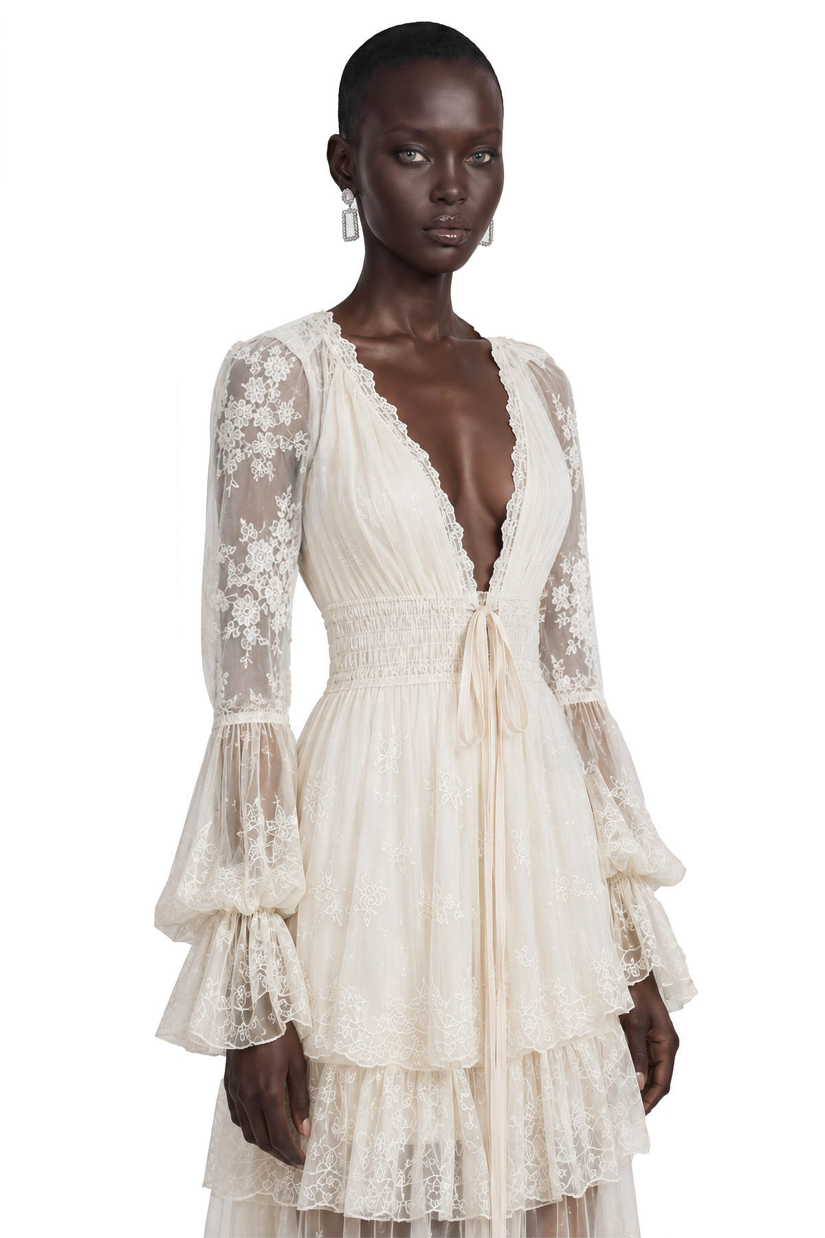 Ocean Cream Lace Ruffled Maxi Dress