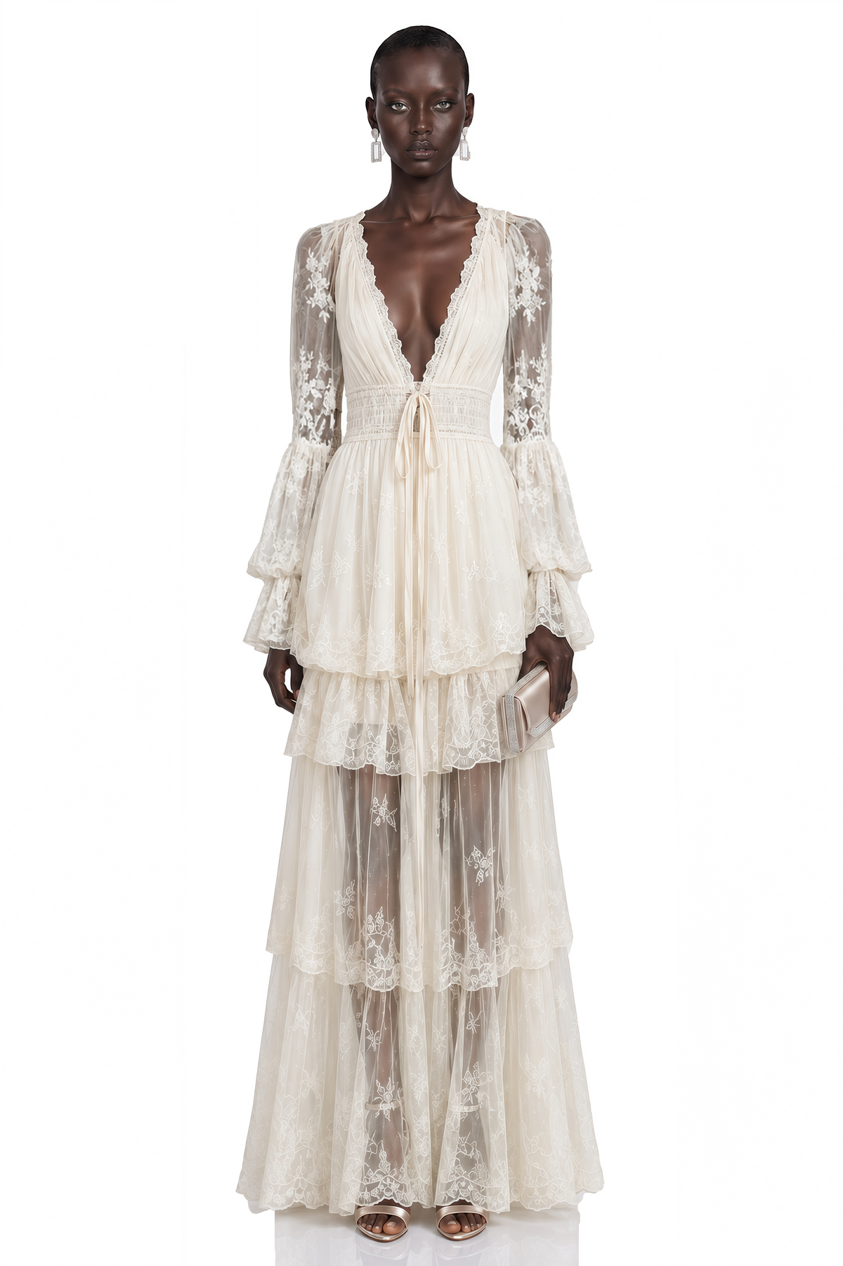 Ocean Cream Lace Ruffled Maxi Dress