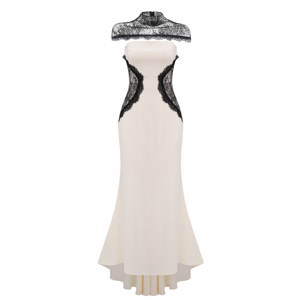 Olinda White Lace Panel Maxi Dress with Cape