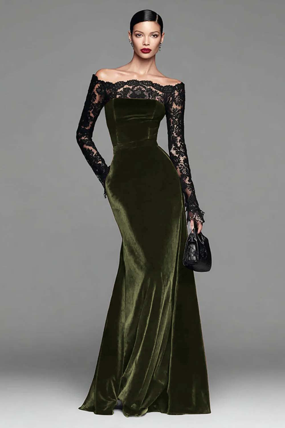 Burgundy Velvet Lace Off the Shoulder Mermaid Long Sleeves Formal Dress
