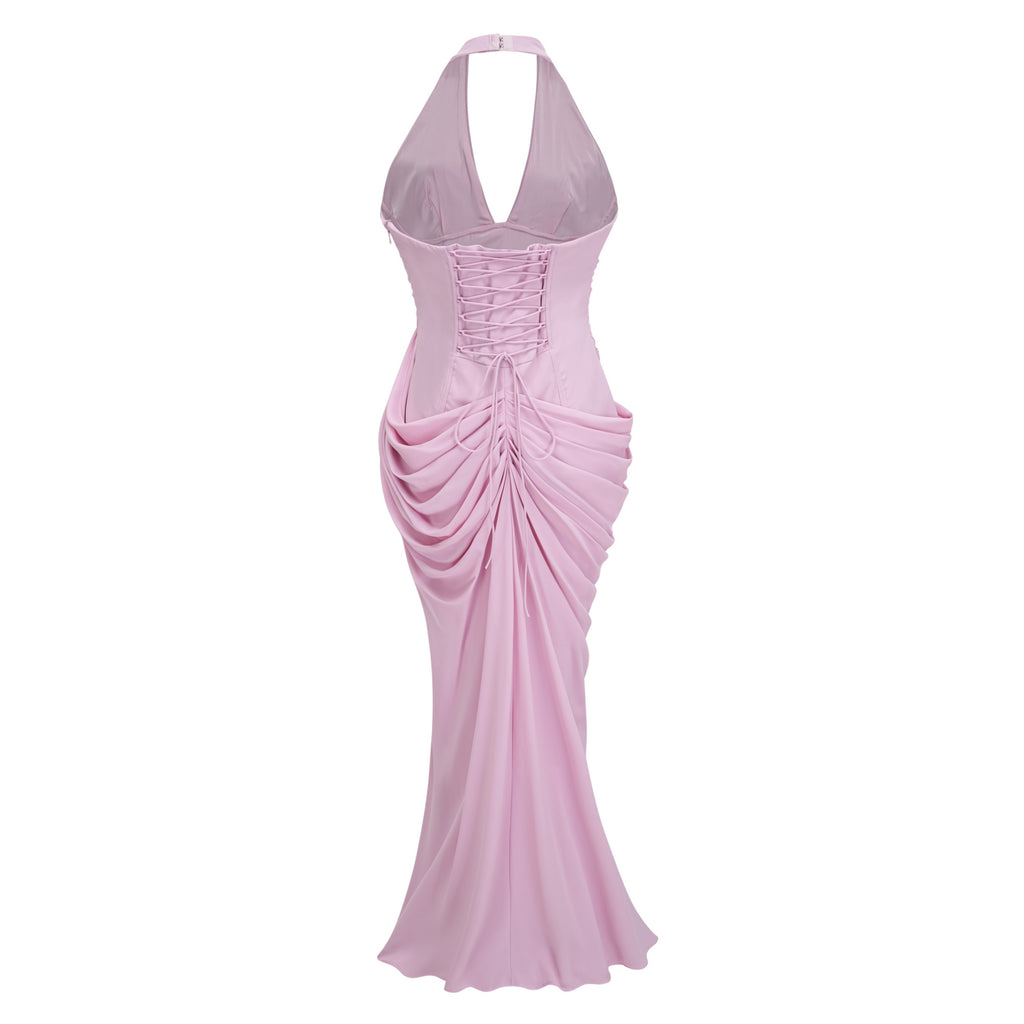 Ombeline Pink Halterneck Ruched Maxi Dress with Slit