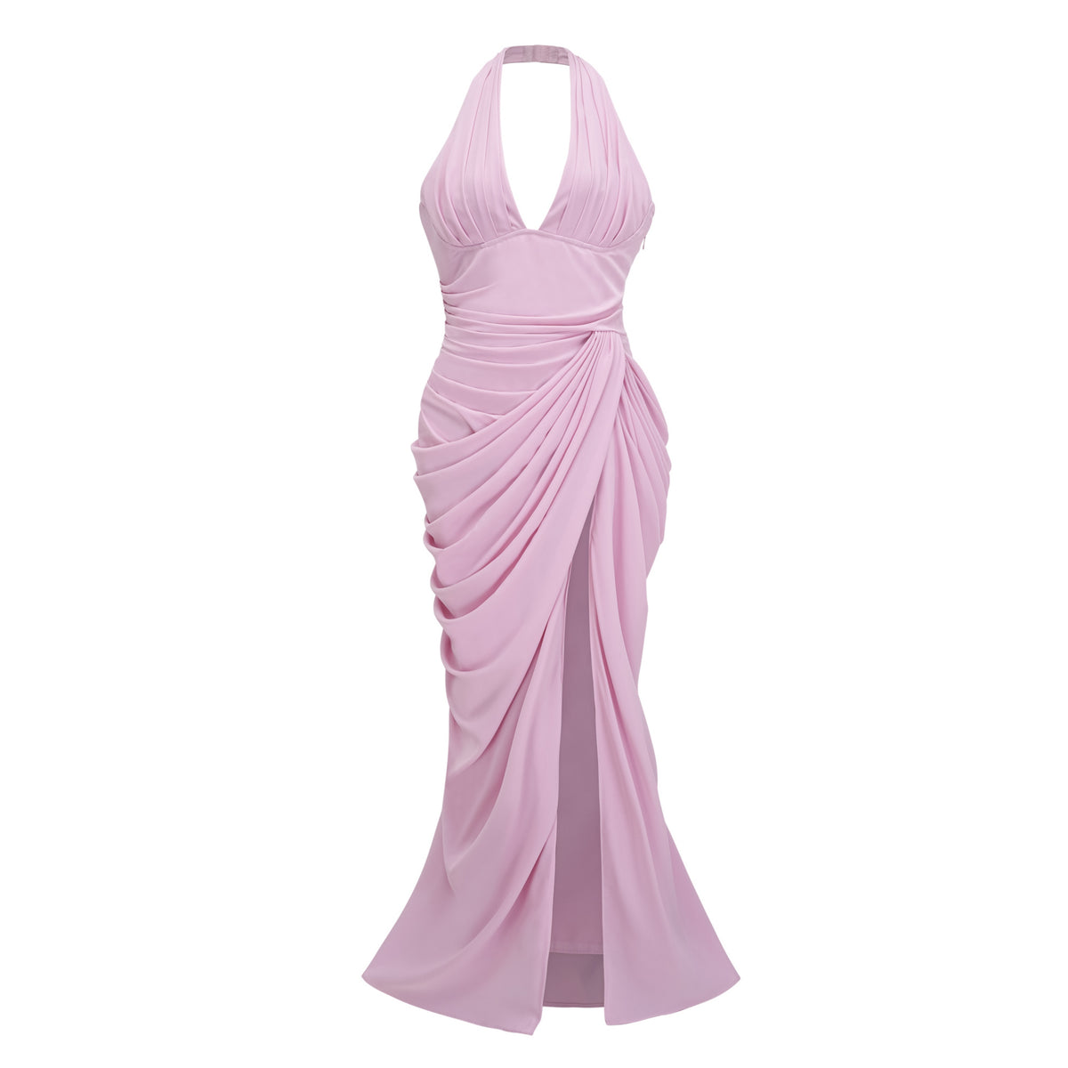 Ombeline Pink Halterneck Ruched Maxi Dress with Slit