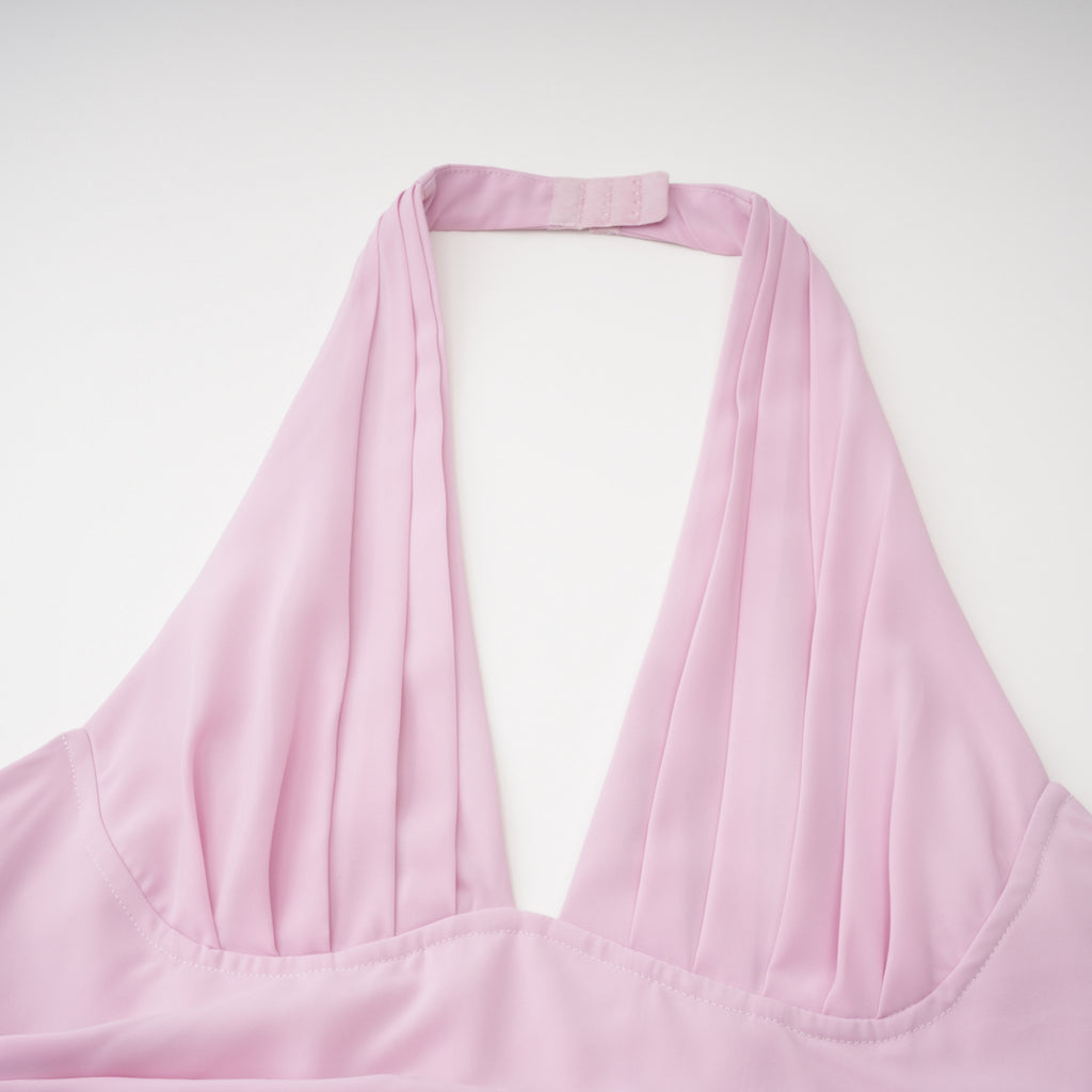 Ombeline Pink Halterneck Ruched Maxi Dress with Slit