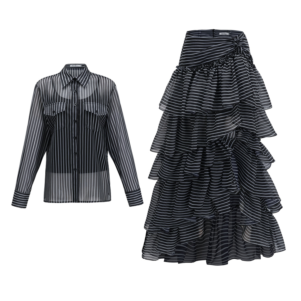 Ozzie Black Horizontal Stripe Blouse & Skirt Set