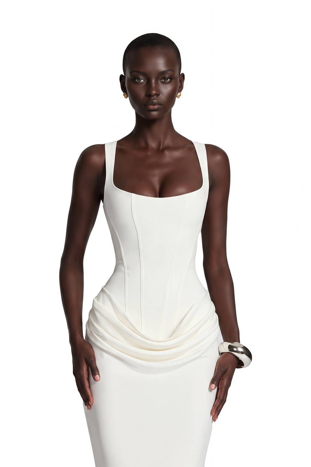 Paulette White Ruched Corset Maxi Dress