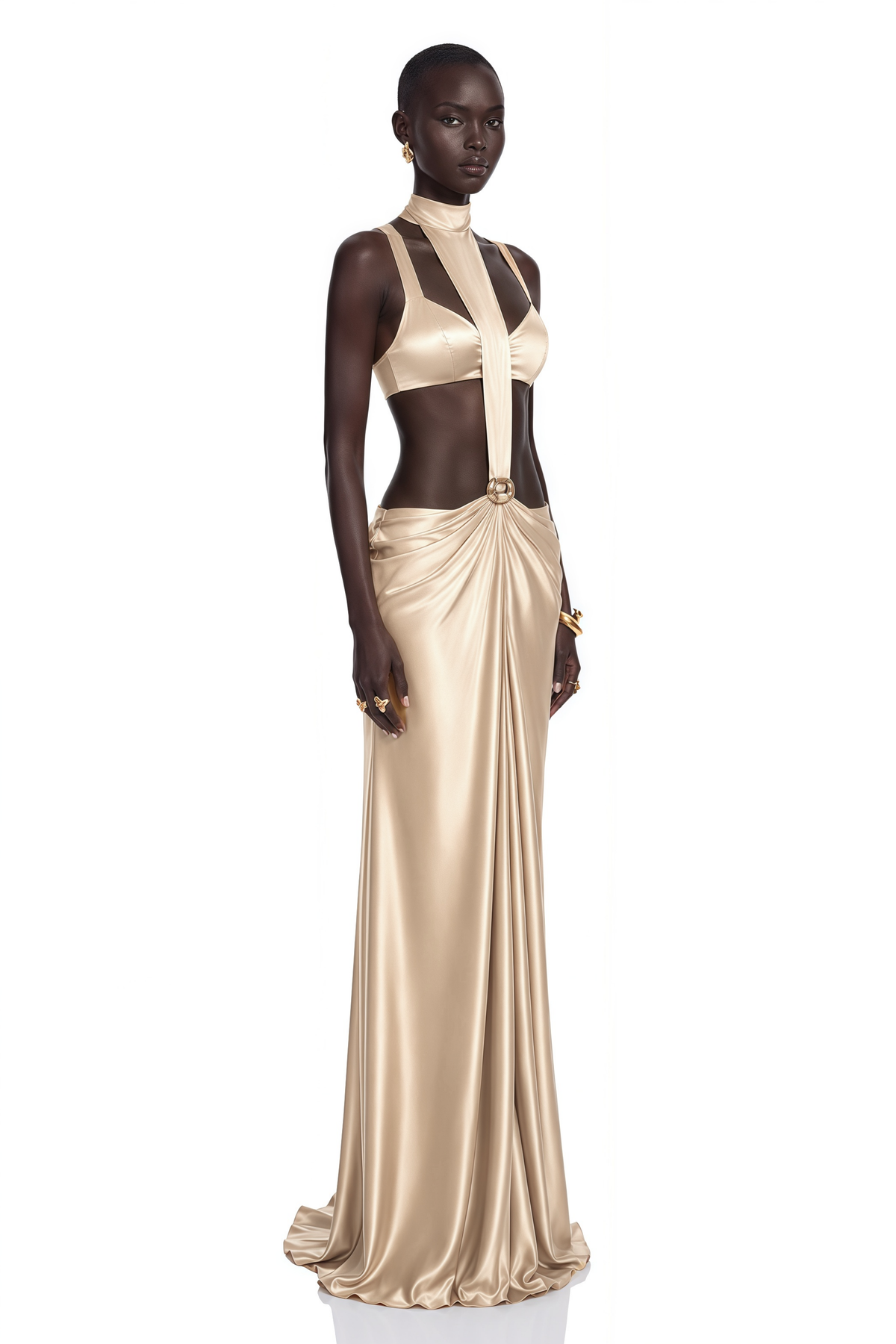 Paloma Champagne Cut-Out Halterneck Satin Maxi Dress