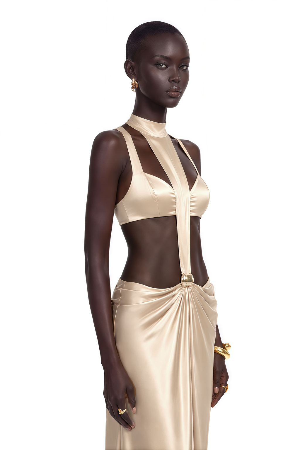 Paloma Champagne Cut-Out Halterneck Satin Maxi Dress