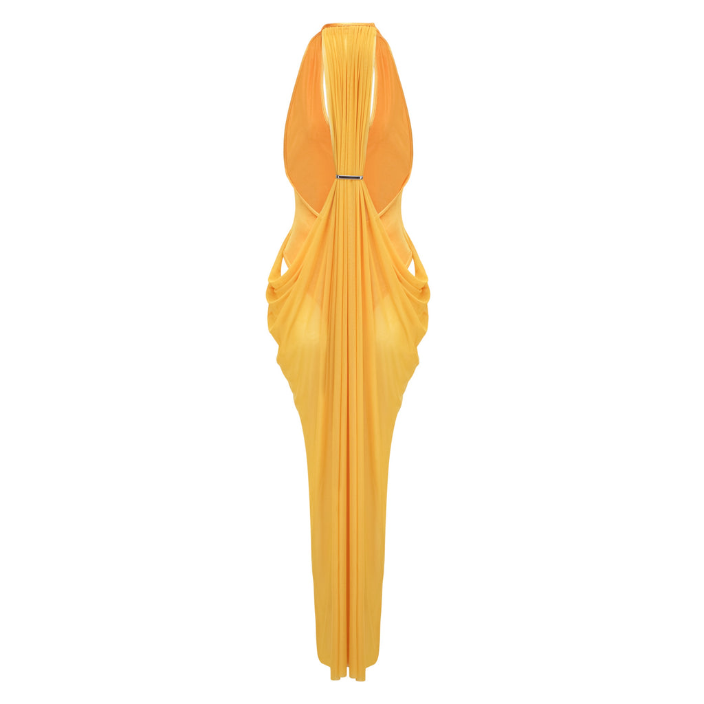 Pele Yellow Cut-Out Ruched Maxi Dress