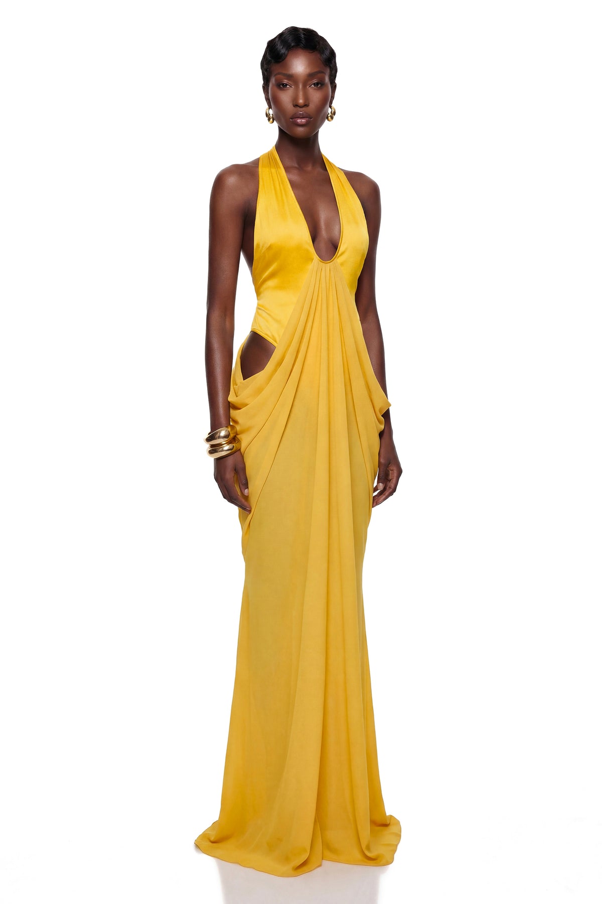 Pele Yellow Cut-Out Ruched Maxi Dress
