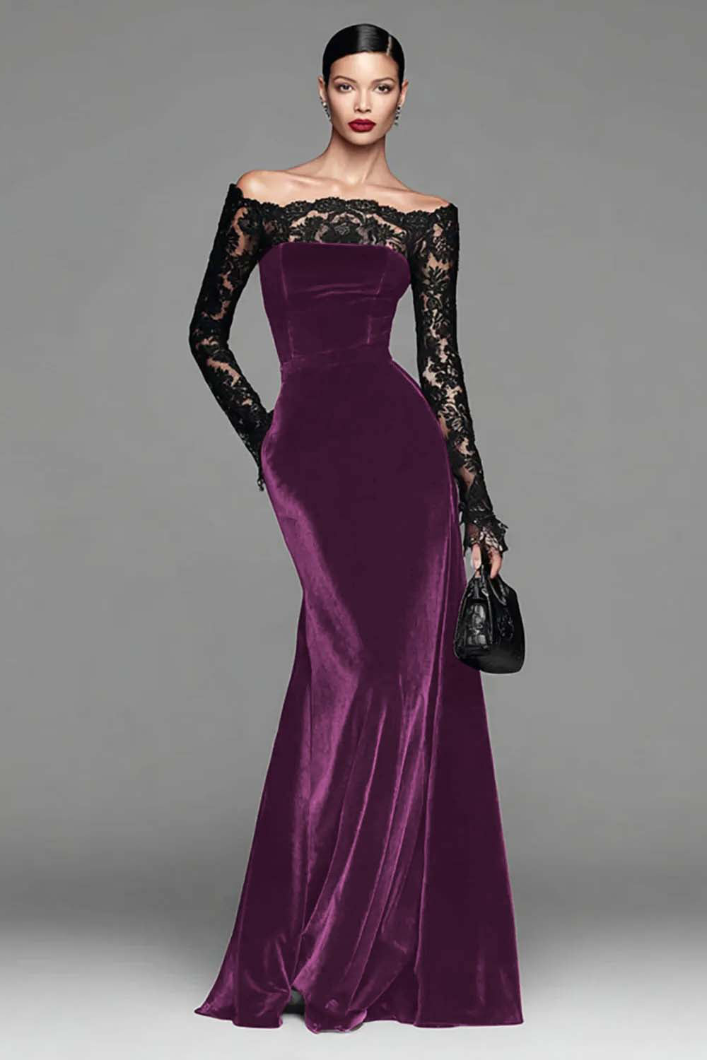 Burgundy Velvet Lace Off the Shoulder Mermaid Long Sleeves Formal Dress