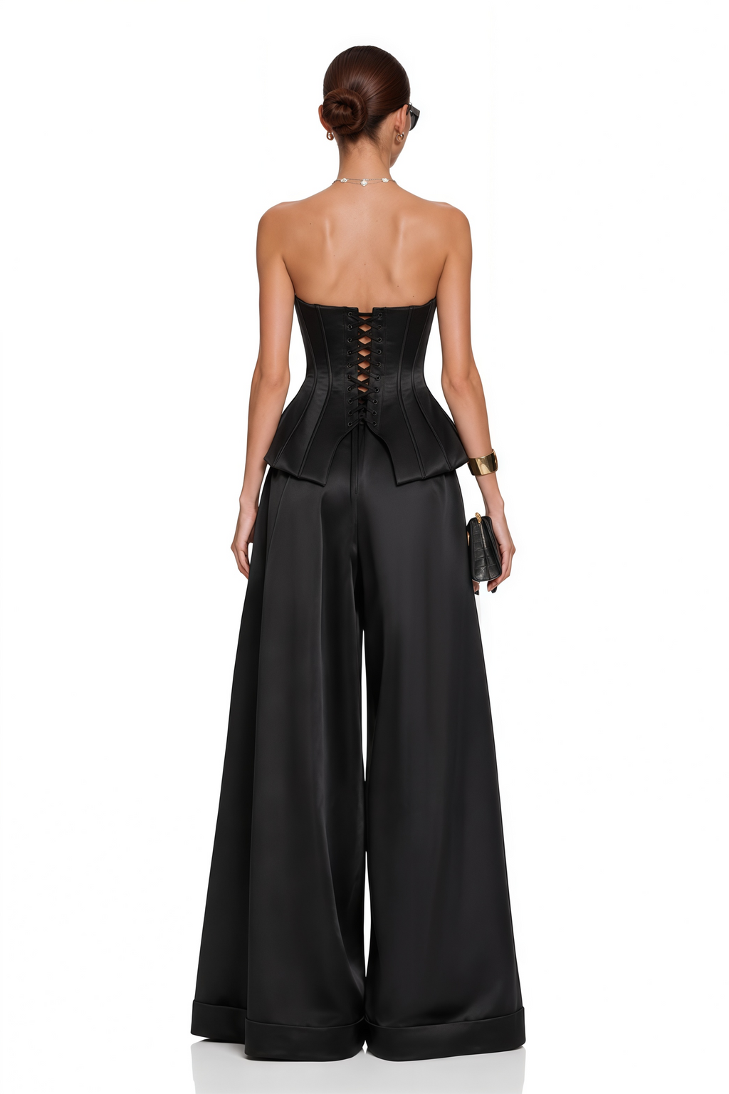 Portia Black Button Corset Top & Wide Leg Trousers Set