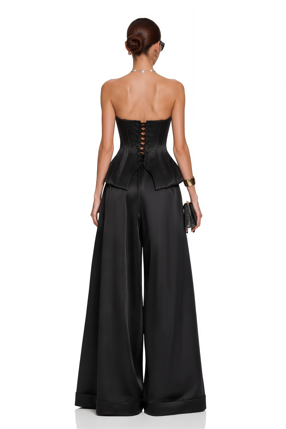 Portia Black Button Corset Top & Wide Leg Trousers Set
