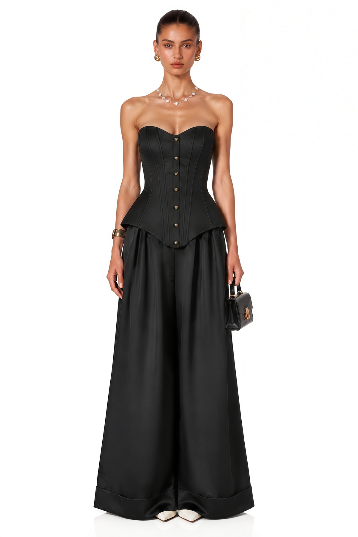 Portia Black Button Corset Top & Wide Leg Trousers Set