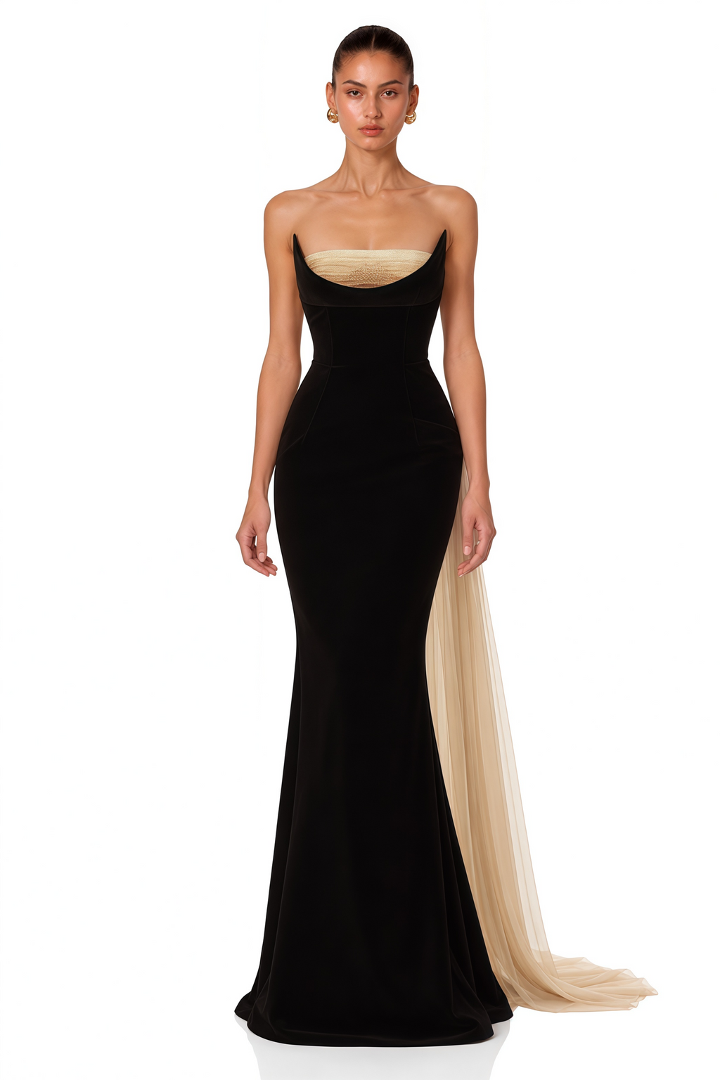Primrose Black Sculptural Strapless Maxi Gown with Tulle Train