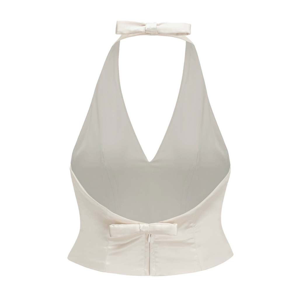 Querubina Ivory Plunge Neck Satin Top & Skirt Set