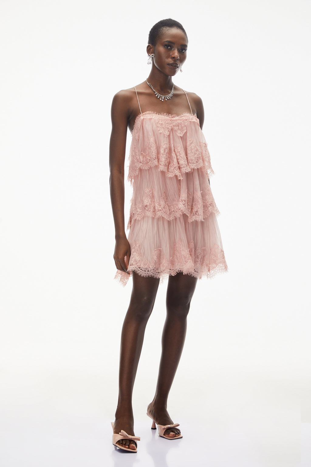 Rachel Pink Tiered Mini Dress with Lace Trim