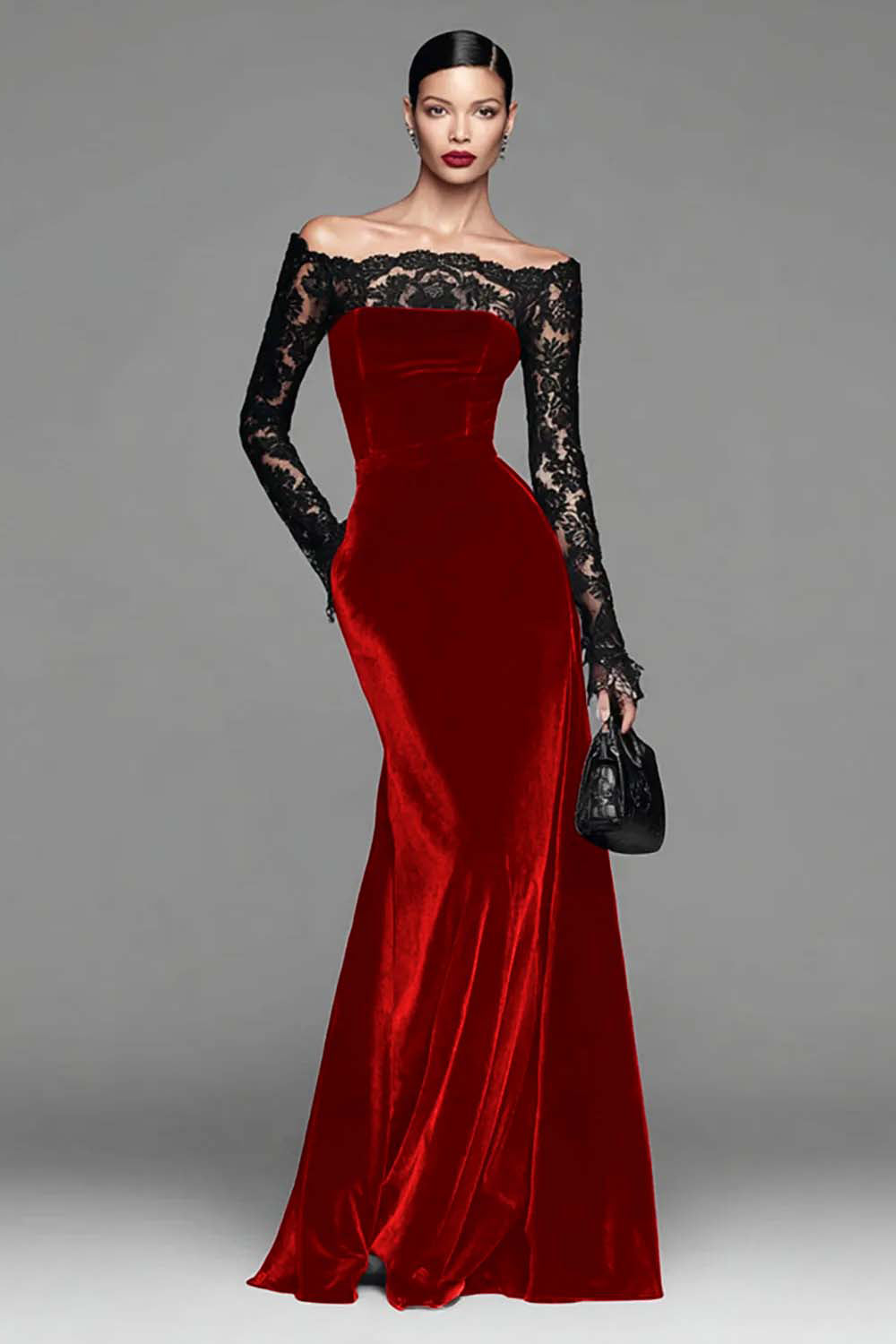 Burgundy Velvet Lace Off the Shoulder Mermaid Long Sleeves Formal Dress
