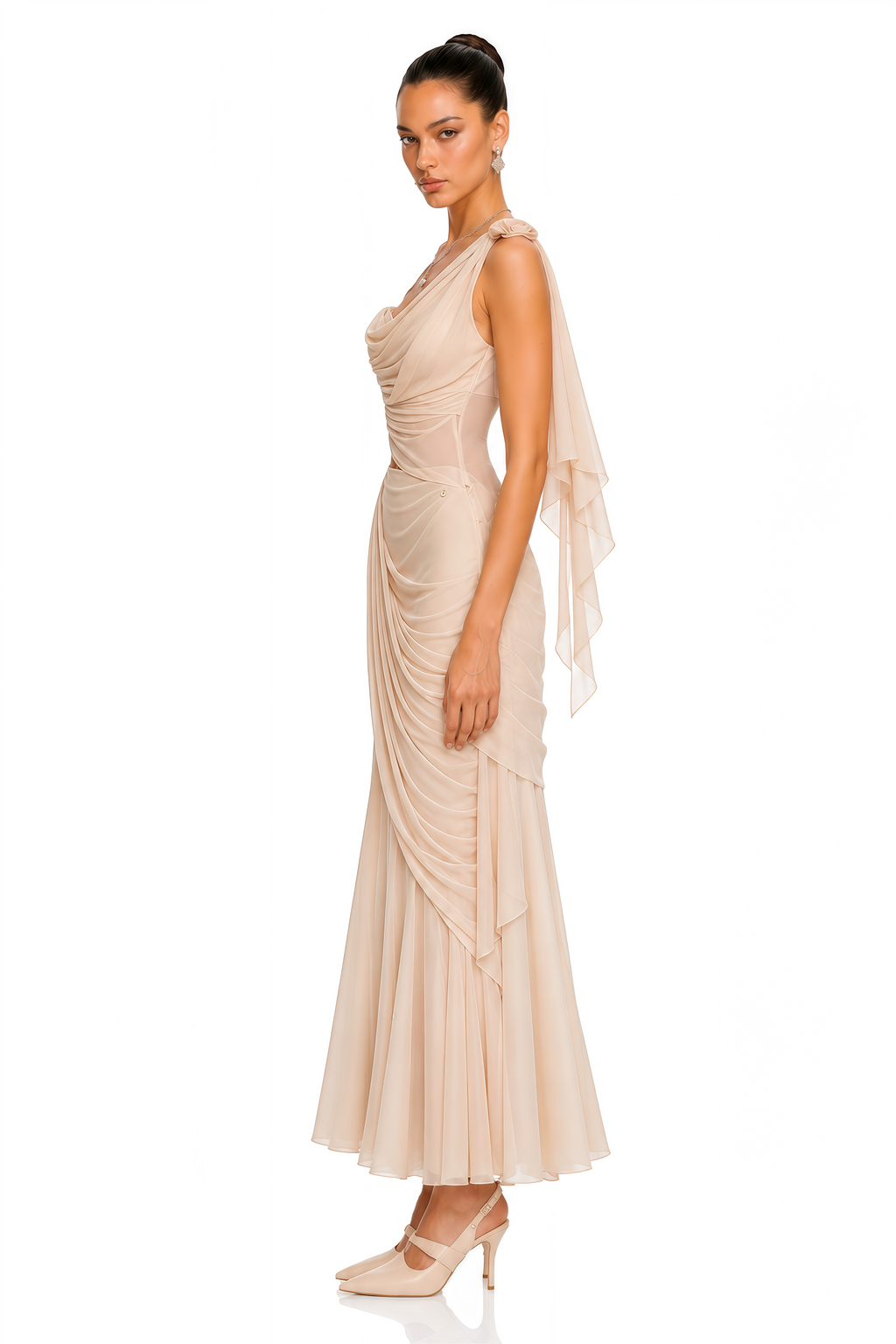 Rhona Neutral Asymmetrical Ruched Top & Maxi Skirt Set
