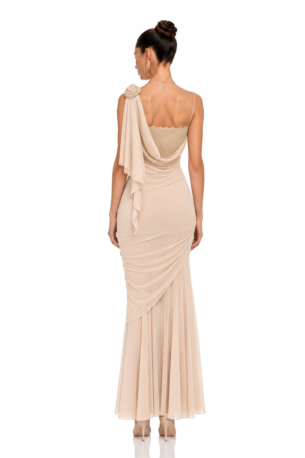 Rhona Neutral Asymmetrical Ruched Top & Maxi Skirt Set