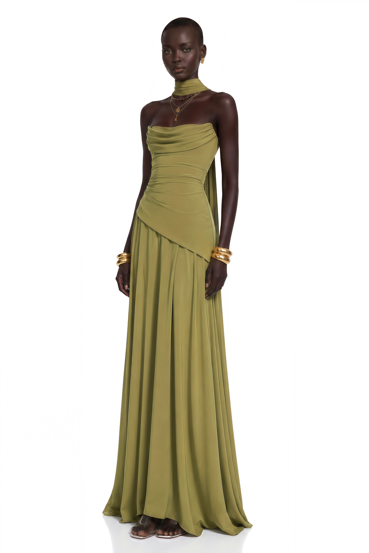 Romane Green Strapless Corset Chiffon Maxi Dress
